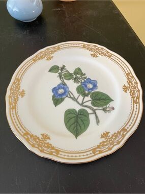 Andrea By Sadek golden botanical Plate with Blue Floral and Gold Trim